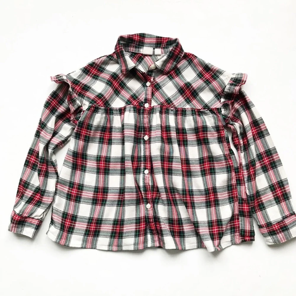 Gap kids green/red/white plaid button up EUC 8Y